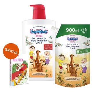 Zestaw Bambino Dzieciaki, żel do mycia ciała i włosów 2w1, Bolek i Lolek i surykatki, od 1 roku, 1 l + żel do mycia ciała i włosów, Surykatki, zapas, 900 ml + karty do gry gratis - zdjęcie produktu