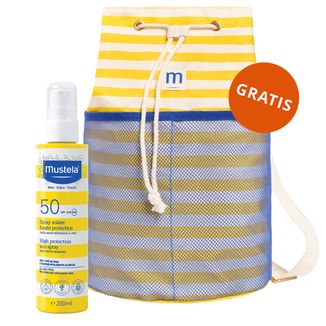 Mustela Sun Bebe Enfant-Famille, spray przeciwsłoneczny do twarzy i ciała, SPF 50, 200 ml + plecak plażowy gratis - zdjęcie produktu