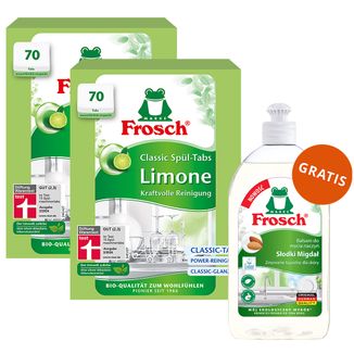 Zestaw Frosch, tabletki do zmywarek, Classic, limonkowe, 2 x 70 sztuk + płyn do mycia naczyń, migdałowy, 500 ml gratis - zdjęcie produktu