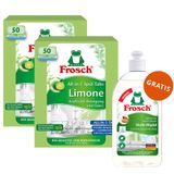 Zestaw Frosch, tabletki do zmywarek, All in One, limonkowe, 2 x 50 sztuk + płyn do mycia naczyń, migdałowy, 500 ml gratis - miniaturka zdjęcia produktu