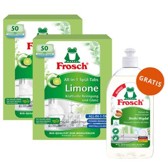 Zestaw Frosch, tabletki do zmywarek, All in One, limonkowe, 2 x 50 sztuk + płyn do mycia naczyń, migdałowy, 500 ml gratis - zdjęcie produktu