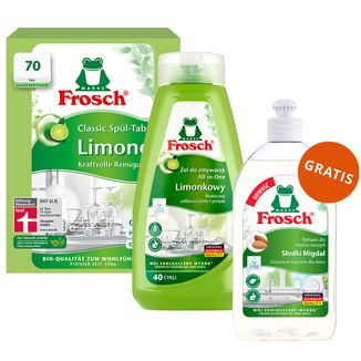 Zestaw Frosch, tabletki do zmywarek, Classic, limonkowe, 70 sztuk + żel do mycia naczyń w zmywarkach, limonkowy, 650 ml + płyn do mycia naczyń, migdałowy, 500 ml gratis - zdjęcie produktu