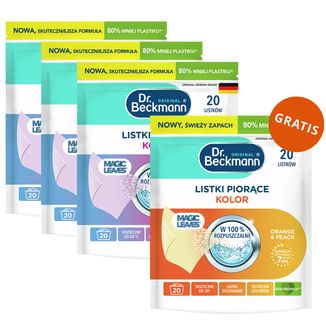 Zestaw Dr. Beckmann Magic Leaves, listki piorące, Kwiatowa Świeżość, kolor, 3 x 20 sztuk + listki piorące, Orange&Peach, kolor, 20 sztuk gratis - zdjęcie produktu
