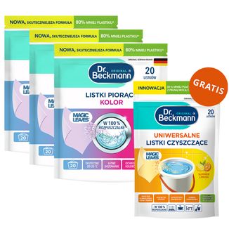 Zestaw Dr. Beckmann Magic Leaves, listki piorące, Kwiatowa Świeżość, kolor, 3 x 20 sztuk + listki czyszczące, uniwersalne, Summer Lemon, 20 sztuk gratis - zdjęcie produktu