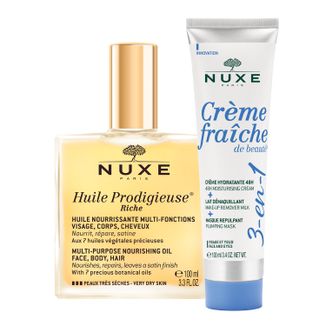 Zestaw Nuxe Huile Prodigieuse Riche, intensywnie odżywiający olejek w sprayu do twarzy, ciała i włosów, 100 ml + krem nawilżający 3w1, 100 ml - zdjęcie produktu