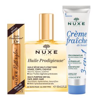 Zestaw Nuxe Huile Prodigieuse, suchy olejek do pielęgnacji ciała, twarzy i włosów, 100 ml + Huile Prodigieuse Or, olejek roll-on, 8 ml + krem nawilżający 3w1, 100 ml - zdjęcie produktu