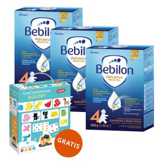 Zestaw Bebilon Advance Pronutra 4 Junior, odżywcza formuła na bazie mleka, po 2 roku, 3 x 1000 g + CzuCzu, karty domino kolory gratis - zdjęcie produktu