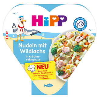 HiPP Danie Bio, kluseczki z dzikim łososiem w sosie ziołowo-śmietanowym, po 1 roku, 250 g - zdjęcie produktu