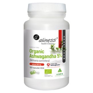Aliness Organic Ashwagandha KSM-66, 5% witanolidów, 100 kapsułek vege - zdjęcie produktu