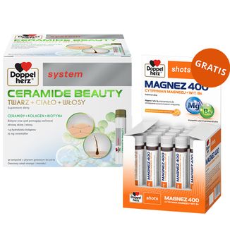 Doppelherz System Ceramide Beauty, owocowy smak mango i marakui, 25 ml x 30 ampułek + Magnez 400, płyn, smak pomarańczowo-cytrynowy, 25 ml x 20 ampułek gratis - zdjęcie produktu