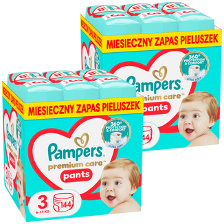 Zestaw Pampers Premium Care Pants, pieluchomajtki, rozmiar 3, 6-11 kg, 2 x 144 sztuki - zdjęcie produktu