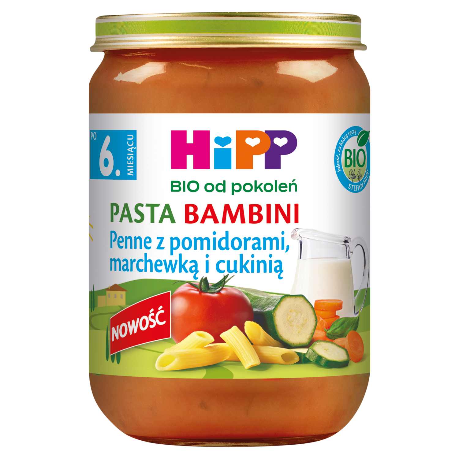 Nieznana HiPP Danie Bio, pasta bambini, penne z pomidorami, marchewką i cukinią, po 6 miesiącu, 190 g