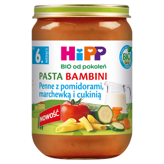 HiPP Danie Bio, pasta bambini, penne z pomidorami, marchewką i cukinią, po 6 miesiącu, 190 g - zdjęcie produktu