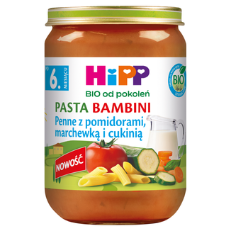 HiPP Pasta Bambini Bio, penne z pomidorami, marchewką i cukinią, po 6 miesiącu, 190 g - zdjęcie produktu