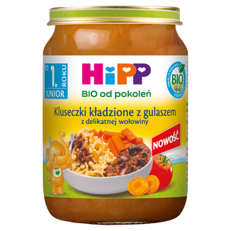 HiPP Junior Danie Bio, kluseczki kładzione z gulaszem z delikatnej wołowiny, po 1 roku, 250 g - zdjęcie produktu