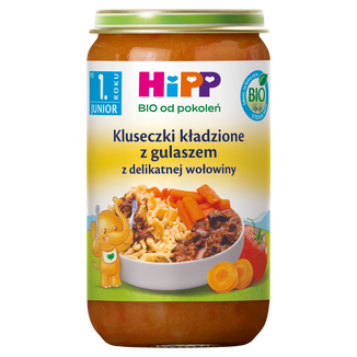 HiPP Junior Danie Bio, kluseczki kładzione z gulaszem z delikatnej wołowiny, po 1 roku, 250 g - zdjęcie produktu