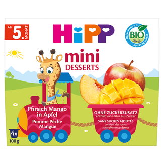 HiPP Mini Deser Bio, jabłko, brzoskwinia, mango, po 5 miesiącu, 4 x 100 g USZKODZONE OPAKOWANIE - zdjęcie produktu