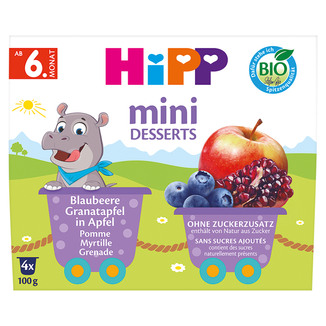 HiPP Mini Deser Bio, jabłka, jagody, granaty, po 6 miesiącu, 4 x 100 g KRÓTKA DATA HiPP Mini Deser Bio, jabłka, jagody, granaty, po 6 miesiącu, 4 x 100 g KRÓTKA DATA - zdjęcie produktu