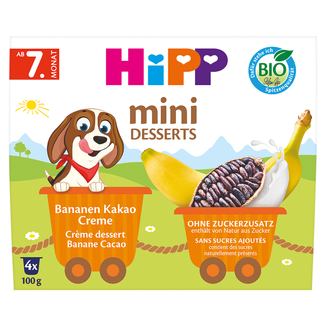 HiPP Mini Deser Bio, krem z bananami i kakao, po 7 miesiącu, 4 x 100 g USZKODZONE OPAKOWANIE - zdjęcie produktu