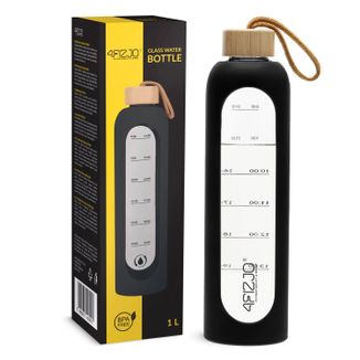 4Fizjo, butelka szklana na wodę w silikonowym etui, motywacyjna, czarna, 1 l - zdjęcie produktu