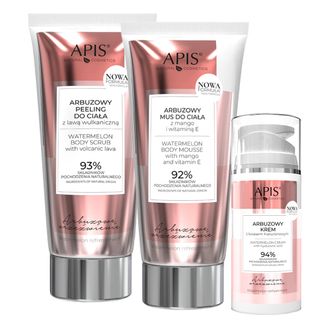 Zestaw Apis Arbuzowe Orzeźwienie, arbuzowy krem z kwasem hialuronowym, 100 ml + peeling do ciała z lawą wulkaniczną, 200 ml + mus do ciała, mango i witamina E, 200 ml - zdjęcie produktu
