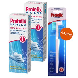 Zestaw Protefix Higiena, pasta czyszcząca do protez i aparatów ortodontycznych, 2 x 75 ml + szczoteczka do protez, 1 sztuka gratis - zdjęcie produktu