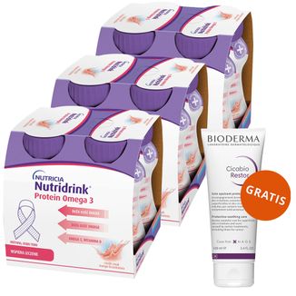 Zestaw Nutridrink Protein Omega 3, preparat odżywczy, rześki smak mango-brzoskwinia, 12 x 125 ml + Bioderma Cicabio Restor, krem, 100 ml gratis - zdjęcie produktu