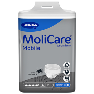 MoliCare Premium Mobile, pieluchomajtki, rozmiar L, 100-150 cm, 10 kropli, 14 sztuk - zdjęcie produktu