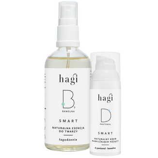 Zestaw Hagi Smart D, naturalny krem nawilżająco-kojący z D-pantenolem, 50 ml + Smart B, naturalna esencja do twarzy z bawełną, Łagodzenie, 100 ml za 1 grosz - zdjęcie produktu