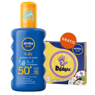 Nivea Sun Kids Protect & Care 5w1, spray ochronny do opalania dla dzieci, z zanikającym kolorem, SPF 50+, 200 ml + Dobble gra gratis - zdjęcie produktu