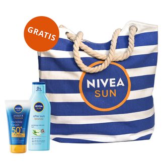 Zestaw Nivea Sun Invisible Finish, nawilżający balsam do opalania, SPF 50+, 150 ml + balsam po opalaniu przedłużający opaleniznę, 200 ml + torba plażowa gratis - zdjęcie produktu