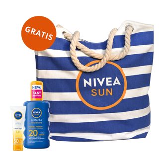 Zestaw Nivea Sun UV Face Q10 Anti-Age, przeciwzmarszkowy krem przeciwsłoneczny do twarzy, SPF 50, 50 ml +  nawilżający spray do opalania, SPF 20, 200 ml + torba plażowa gratis - zdjęcie produktu