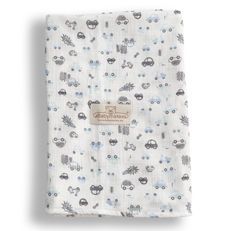 BabyMatex, otulacz muślinowy Muslin Design, 80 cm x 120 cm, biały w autka - zdjęcie produktu