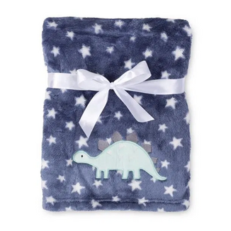 BabyMatex, kocyk z mikrofibry z haftem Ricco, 75 cm x 100 cm, granatowy w gwiazdki z dinozaurem - zdjęcie produktu