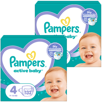Zestaw Pampers Active Baby, pieluchy, rozmiar 4, 9-14 kg, 2 x 132 sztuki - zdjęcie produktu