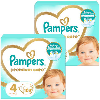 Zestaw Pampers Premium Care, pieluchy rozmiar 4, 9-14 kg, 2 x 104 sztuki - zdjęcie produktu