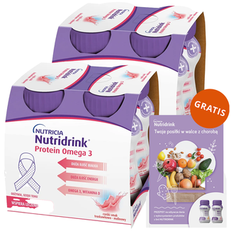 Zestaw Nutridrink Protein Omega 3, preparat odżywczy, rześki smak truskawkowo-malinowy, 8 x 125 ml + książeczka z przepisami gratis - zdjęcie produktu