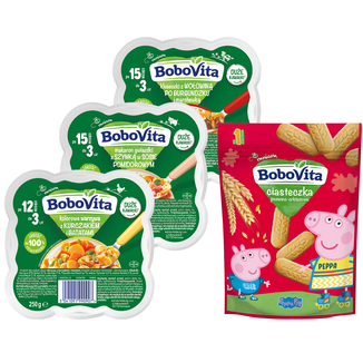 Zestaw BoboVita Świnka Peppa Ciasteczka pszenno-orkiszowe, po 1 roku, 150 g + obiadek, 3 x 250 g - zdjęcie produktu