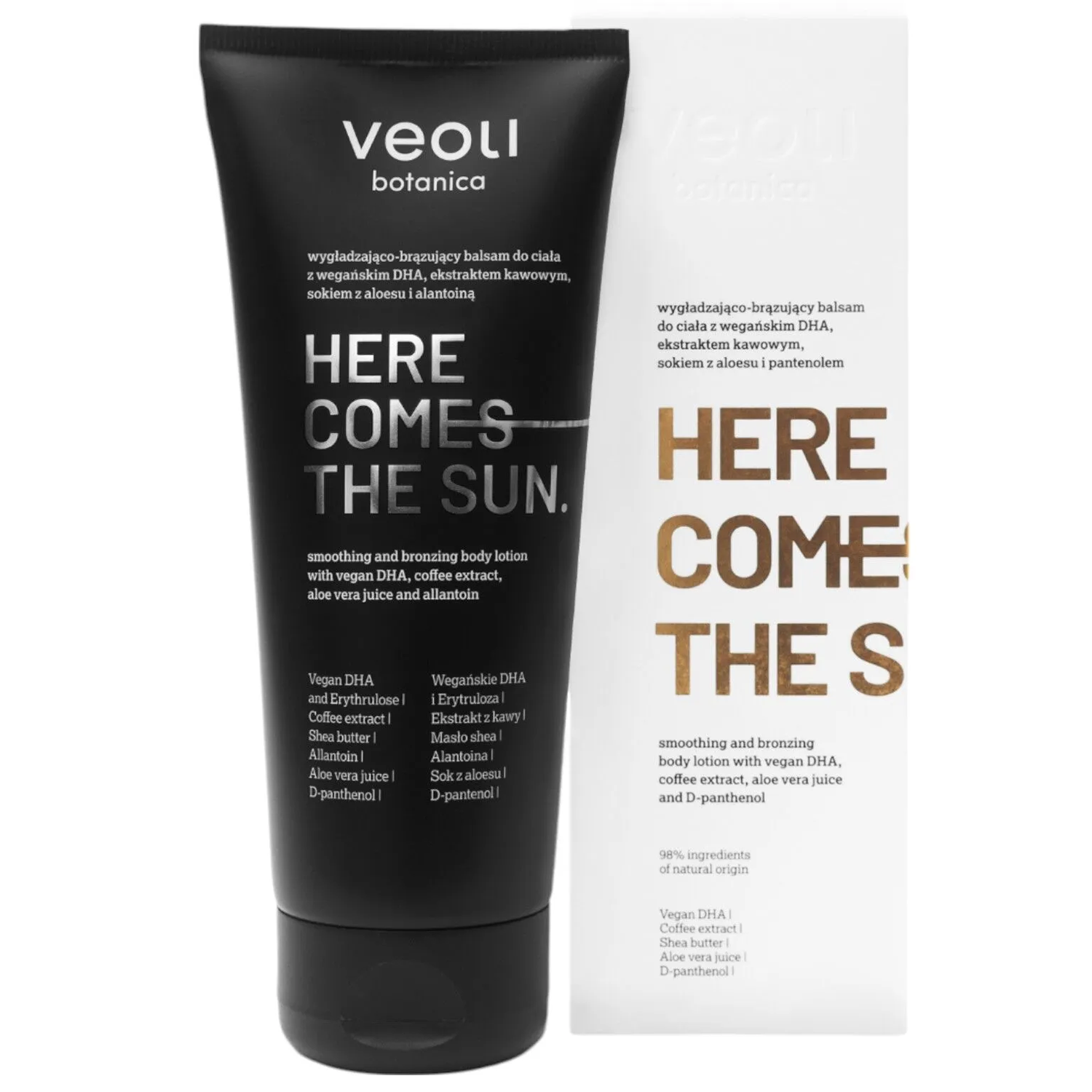 Nieznana Veoli Botanica Here Comes The Sun, wygładzająco-brązujący balsam do ciała z wegańskim DHA, ekstraktem kawowym, sokiem z aloesu i pantenolem, 200 ml — Inhaltsstoffe und Bewertung