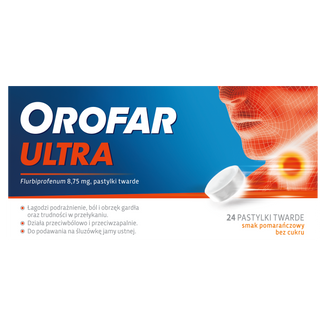 Orofar Ultra 8,75 mg, smak pomarańczowy, 24 pastylki USZKODZONE OPAKOWANIE Orofar Ultra 8,75 mg, smak pomarańczowy, 24 pastylki USZKODZONE OPAKOWANIE - zdjęcie produktu