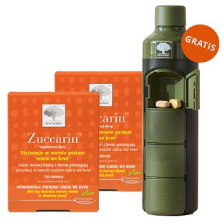 Zestaw Zuccarin, morwa biała, 2 x 120 tabletek + bidon z szufladkami na lekarstwa gratis - zdjęcie produktu