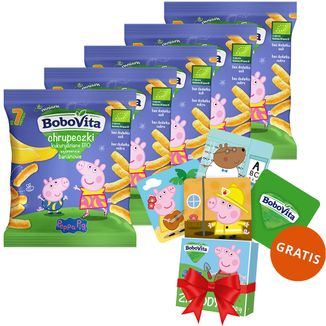 Zestaw BoboVita Świnka Peppa Chrupeczki kukurydziane Bio, wyśmienicie bananowe, po 7 miesiącu, 5 x 20 g + karty do gry memory, 24 sztuki gratis - zdjęcie produktu