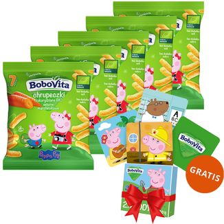 Zestaw BoboVita Świnka Peppa Chrupeczki kukurydziane Bio, delikatnie marchewkowe, po 7 miesiącu, 5 x 20 g + karty do gry memory, 24 sztuki gratis - zdjęcie produktu