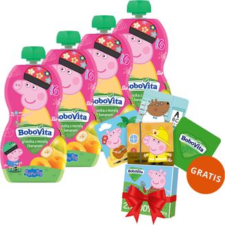 Zestaw BoboVita Świnka Peppa Mus w tubce, gruszka z morelą i bananem, po 6 miesiącu, 4 x 100 g + karty do gry memory, 24 sztuki gratis - zdjęcie produktu