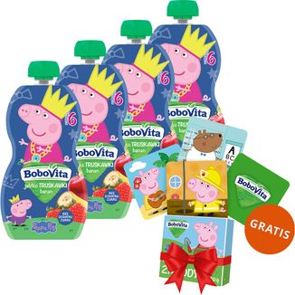 Zestaw BoboVita Świnka Peppa Mus w tubce, jabłko i truskawki z bananem, po 6 miesiącu, 4 x 100 g + karty do gry memory, 24 sztuki gratis - zdjęcie produktu