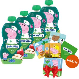 Zestaw BoboVita Świnka Peppa Mus w tubce, jabłko, po 6 miesiącu, 4 x 100 g + karty do gry memory, 24 sztuki gratis - zdjęcie produktu
