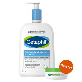 Cetaphil EM, emulsja micelarna do mycia skóry wrażliwej, dla całej rodziny, 1000 ml + krem nawilżający do twarzy z kwasem hialuronowym, na noc, 48 ml gratis - zdjęcie produktu