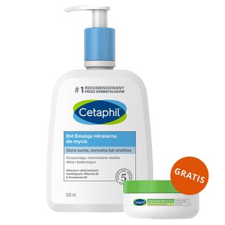 Cetaphil EM, emulsja micelarna do mycia skóry wrażliwej, dla całej rodziny, 500 ml + krem nawilżający do twarzy z kwasem hialuronowym, na noc, 48 ml gratis - zdjęcie produktu