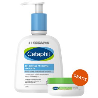 Cetaphil EM, emulsja micelarna do mycia skóry wrażliwej, dla całej rodziny, 236 ml + krem nawilżający do twarzy z kwasem hialuronowym, na noc, 48 ml gratis - zdjęcie produktu