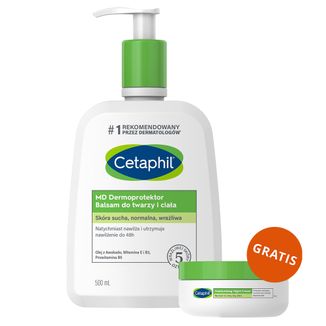 Cetaphil MD Dermoprotektor, balsam nawilżający do twarzy i ciała, skóra sucha i wrażliwa, z pompką, 500 ml + krem nawilżający do twarzy z kwasem hialuronowym, na noc, 48 ml gratis - zdjęcie produktu